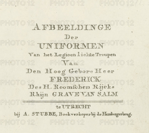 Title print of the print series of uniforms of the Legion of the Count of Salm, 1785, Uniforms of