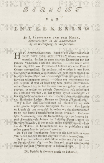 Notice of subscription to a large plate of the Exercise of the Amsterdam Exercise Society Tot Nut