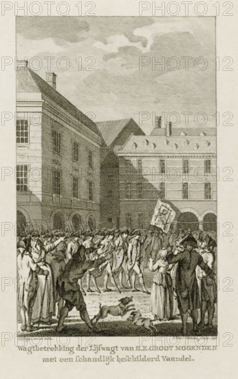 Raising of the guard at the Binnenhof with a shameful banner, 1787, Guard duty of the bodyguard of