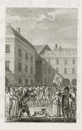 Raising of the guard at the Binnenhof with a shameful banner, 1787, print, historical print, At the