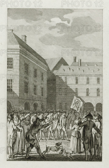 Raising of the guard at the Binnenhof with a shameful banner, 1787, print, historical print, At the