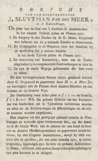 Message from the bookseller J. Sluytman van der Meer, In the Kalverstraat, Notice from the