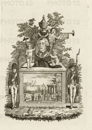 Monument to Abraham Valentijn and the Conquest of Kattenburg, 1787, print, Allegory with a