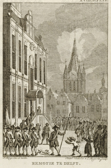 Remotion in Delft, 1787, print, View of the town hall in Delft occupied by patriots demanding the
