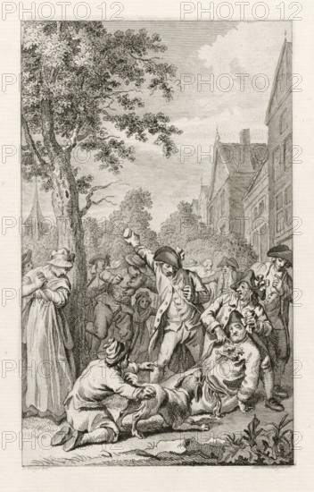 Mistreatment of the body of minister P. van den Bosch in Zoetermeer, 1787, print, historical print,