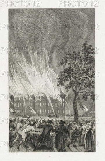 Fire in the National Naval Storehouse in Amsterdam, 1791, print, historical print, Great fire in