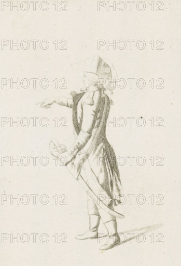 Pointing French officer, French infantry in the Netherlands in 1795, print, A pointing French