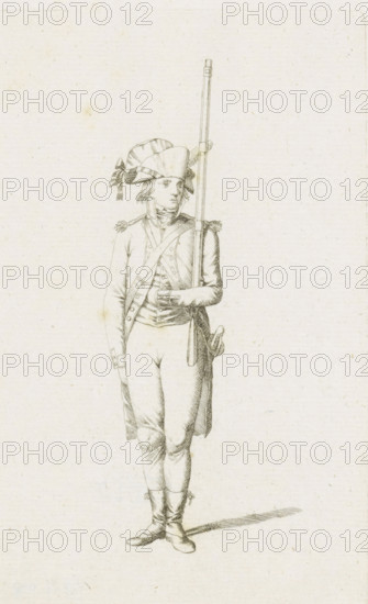 Standing French soldier, French infantry in the Netherlands in 1795, print, A standing French