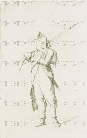 Standing French soldier, French infantry in the Netherlands in 1795, print, A standing French