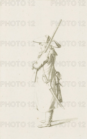 Standing French soldier, French infantry in the Netherlands in 1795, print, A standing French