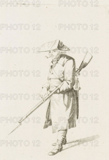 Standing French soldier, French infantry in the Netherlands in 1795, print, A standing French
