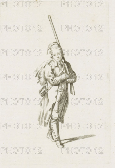 Standing French soldier, French infantry in the Netherlands in 1795, print, A standing French