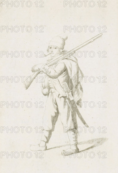 Standing French soldier, French infantry in the Netherlands in 1795, print, A French soldier,