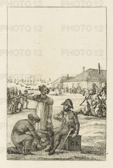 Departure of the British, 1799, print, The soldiers of the British-Russian invasion force leave Den