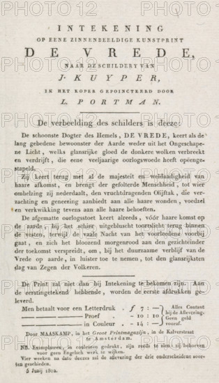 Notice from the publisher of the print with the allegory of the Peace of Amiens, 1802, Subscription