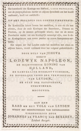 Explanation accompanying the print with the bust of King Louis Napoleon, 1808, text sheet, Text