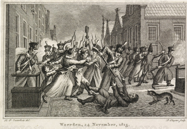Woerden, 24 November, 1813, Plundering of Woerden, print, Plundering of Woerden by the French, 24