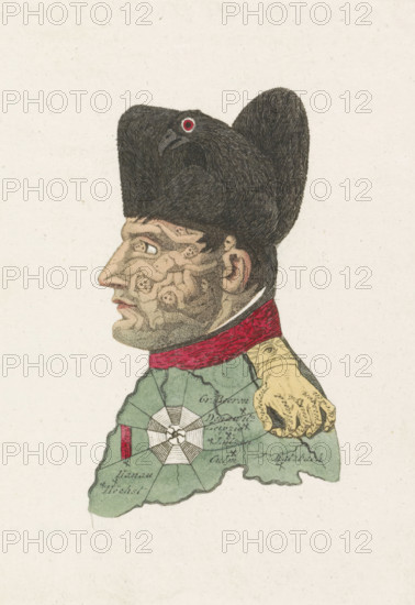 Cartoon of Napoleon, 1813, cartoon, print, Caricature of Napoleon from 1813 in which his face is