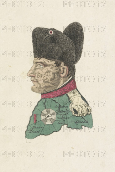 Cartoon of Napoleon, 1813, cartoon, print, Caricature of Napoleon from 1813 in which his face is