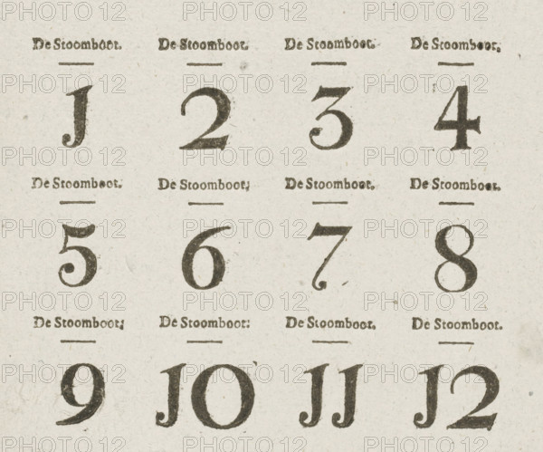 Number card for the Steamboat Game, ca. 1823-1829, text sheet, Text sheet with number card 1-12 for