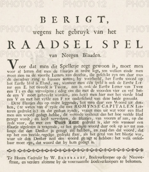 Notice regarding the use of the Nine-Leaf Riddle Game, Riddle game, ca. 1765, text sheet, game,