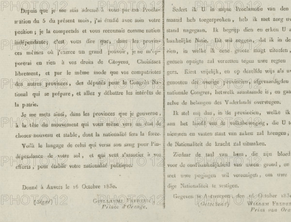 Proclamation., Proclamation of the Prince of Orange, 1830, text sheet, proclamation, Proclamation
