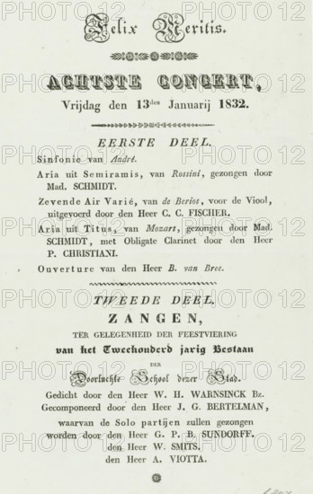 Program of the concert at the second centenary of the Athenaeum Illustre in Amsterdam, 1832, Felix