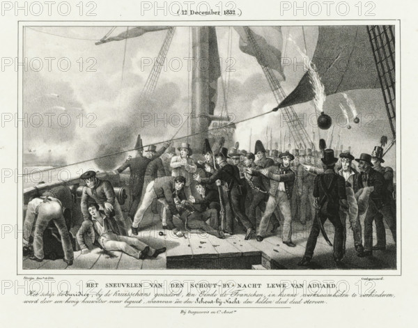 The death of Rear Admiral Lewe van Aduard, (12 December 1832.), Four plates of the defense of the