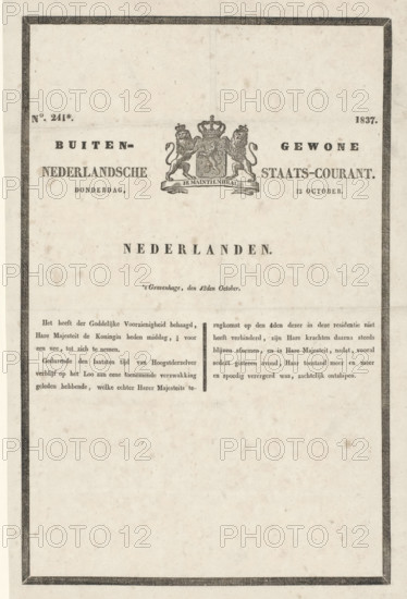 Extraordinary Dutch State Gazette. Thursday, 12 October. No. 241*. 1837, newspaper, obituary,