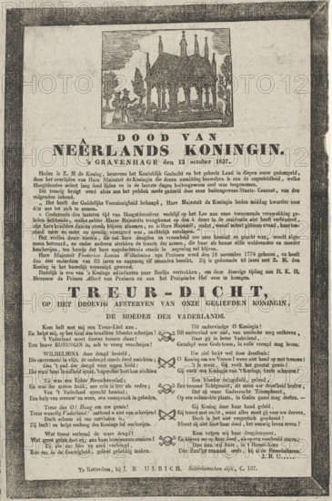 Death of the Queen of the Netherlands. The Hague, October 12, 1837, print, poem, Elegy on the death