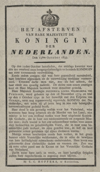 The death of Her Majesty the Queen of the Netherlands. On 12 October 1837, print, text sheet, Text