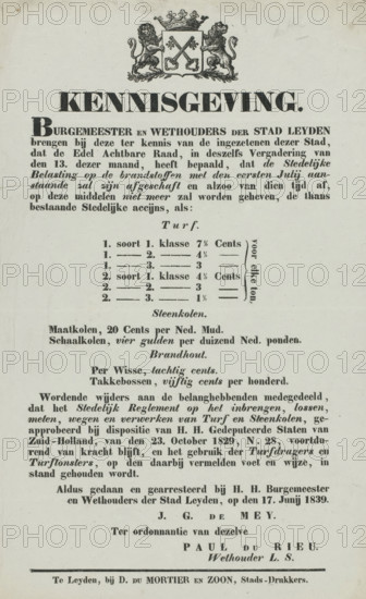 Notice from the City of Leiden, 1839, text sheet, Notice from the City of Leiden regarding the