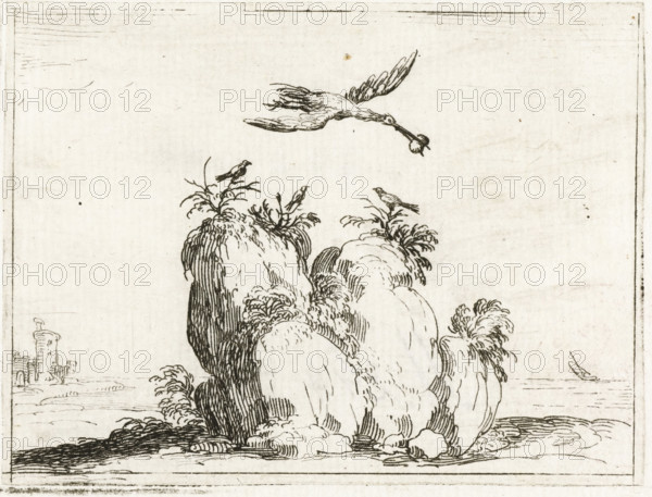 Crane with a stone in its beak, Monastic life in emblems, print, cognizance, Representation of a