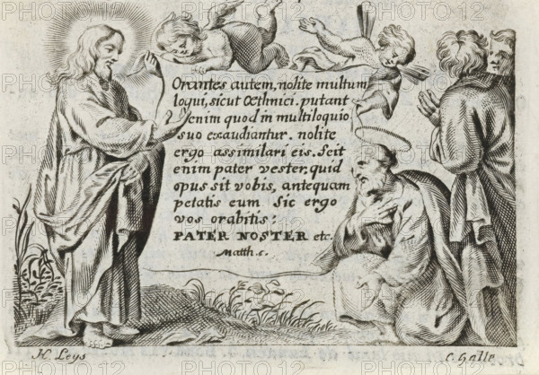 Christ teaching the disciples, print, prayer card, Christ stands in a landscape and makes a
