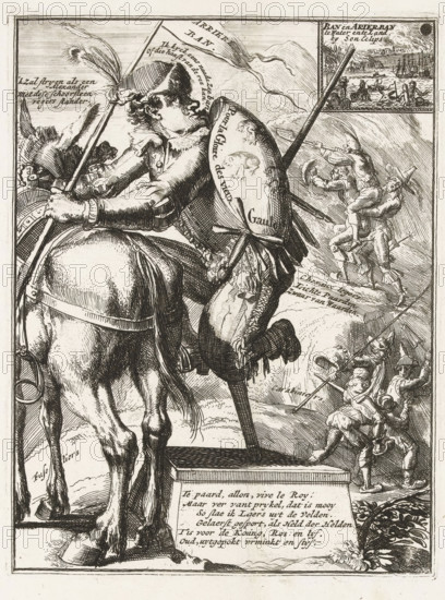 Caricature of the Elector of Bavaria, 1706, The Vervelde Bander-Heer van Beyeren, on stilts, riding