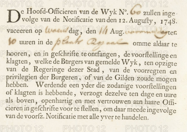 Call to the members of the militia for a meeting on August 14, 1748, text sheet, Text sheet with a