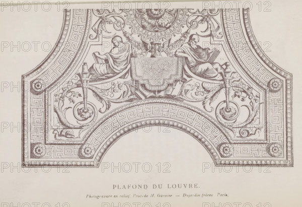 Photo reproduction of a drawing depicting part of the ceiling of the Musée du Louvre in Paris,