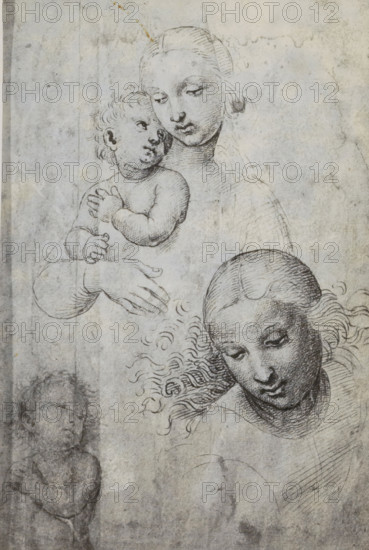 Photo reproduction of a drawing depicting Mary and Child, photograph, reproduction, page,