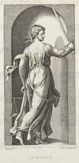 Photo reproduction of an engraving depicting Justice, La justice, reproduction, page,