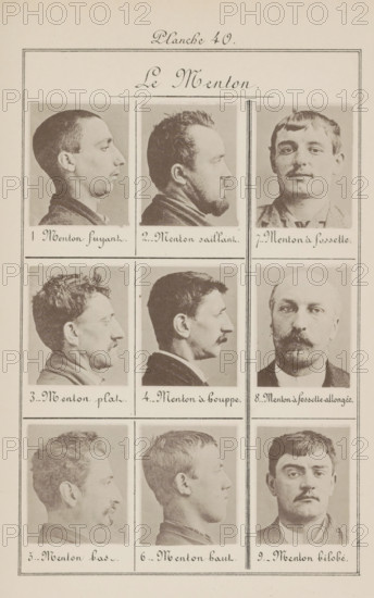 Nine male heads, arranged according to the shape of their chin, Le Menton, page, photomechanical