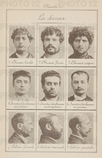 Nine men's heads, arranged by their hair, Les cheveux, page, photomechanical print, Six in front