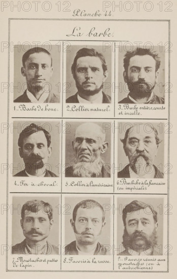 La barbe, Nine men's heads in front view, arranged on their beards, page, photomechanical print,