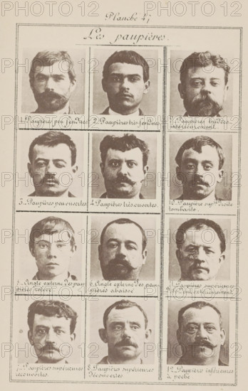 Twelve male heads in front view, arranged according to the shape of their eyelids, Les paupières,