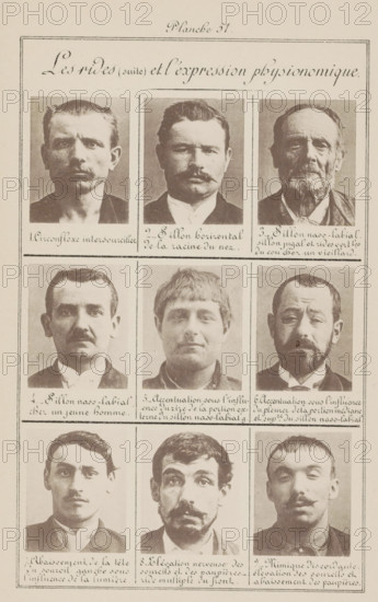 Nine male heads in front view, arranged on their forehead wrinkles during facial expressions, Les