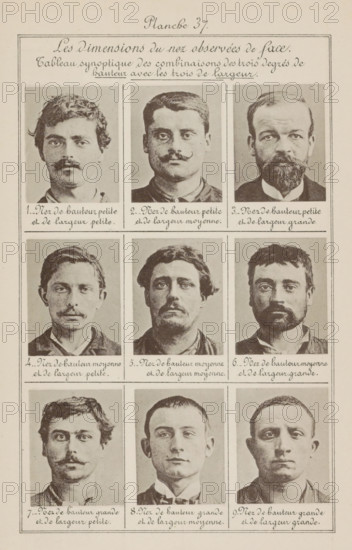 Les dimensions du nez observées de face., Nine male heads in front view, arranged according to the