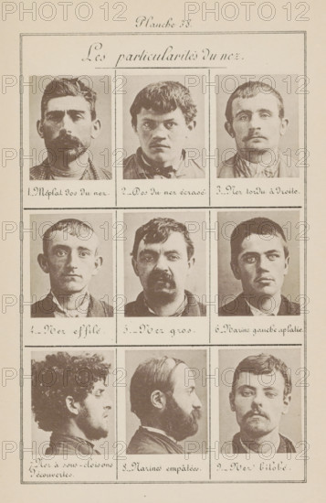 Les particularités du nez, Nine men's heads, page, photomechanical print, Seven in front view,
