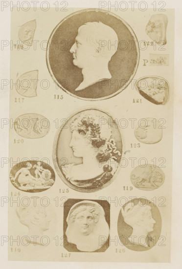 Fourteen reliefs with portraits and profiles, photograph, page, number: '115 - 127', photographer: