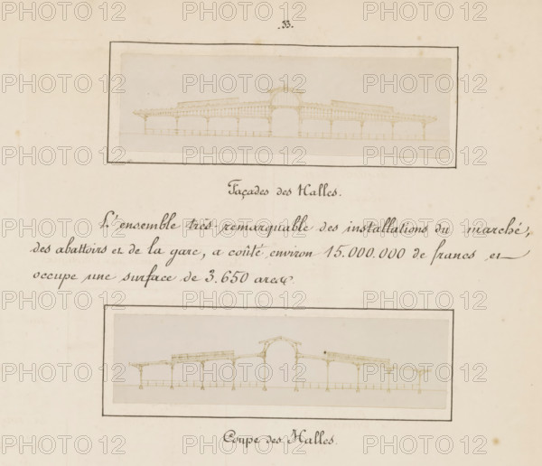 Coupe des halls, Façades des halles, Two photographic reproductions of cross-sections of the Berlin