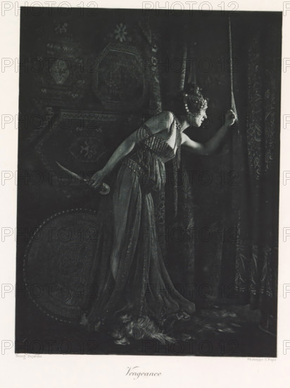Woman with a knife in hand, depicting the Revenge, Vengeance, page, photomechanical print,