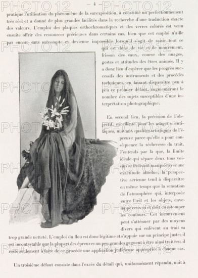 Veiled woman with flowers, page, photomechanical print, photographer: Constant Puyo, France, cliché